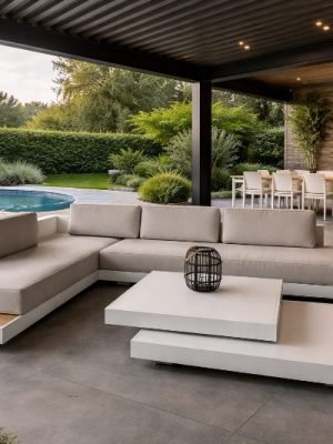 Loungeset Ibiza aluminium versie met wit onderstel en teak afwerking